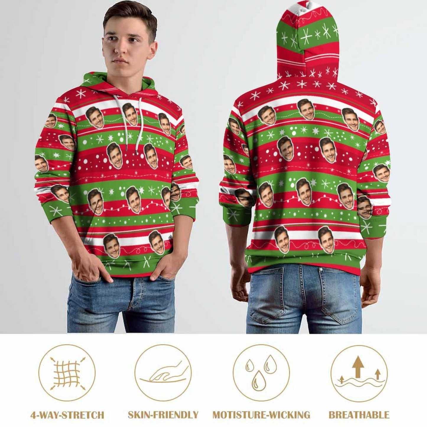 FacePajamas Hoodie-2WH-SDS Personalised Hoodies Custom Face Christmas Snowflake Hoodie Unisex Large Size Design Your Own Hoodie Personalized Loose Hoodie Top Outfits