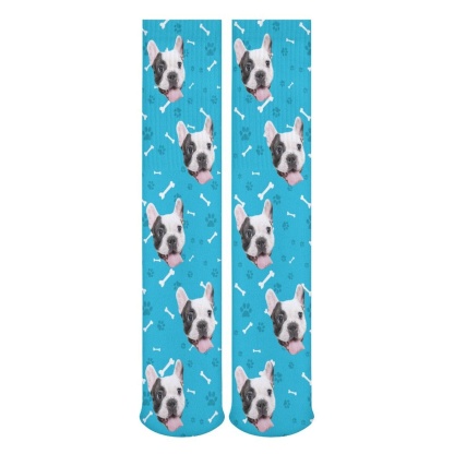 FacePajamas Sublimated Crew Socks-2WH-SDS Personalised Pet Socks Dog Face Bone Blue Background Custom Sock with Dog Picture Sublimated Crew Socks