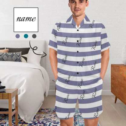 FacePajamas Pajama Personalized Name Pajamas for Men Summer Loungewear Custom Stripe Men's V-Neck Short Sleeve Pajama Set