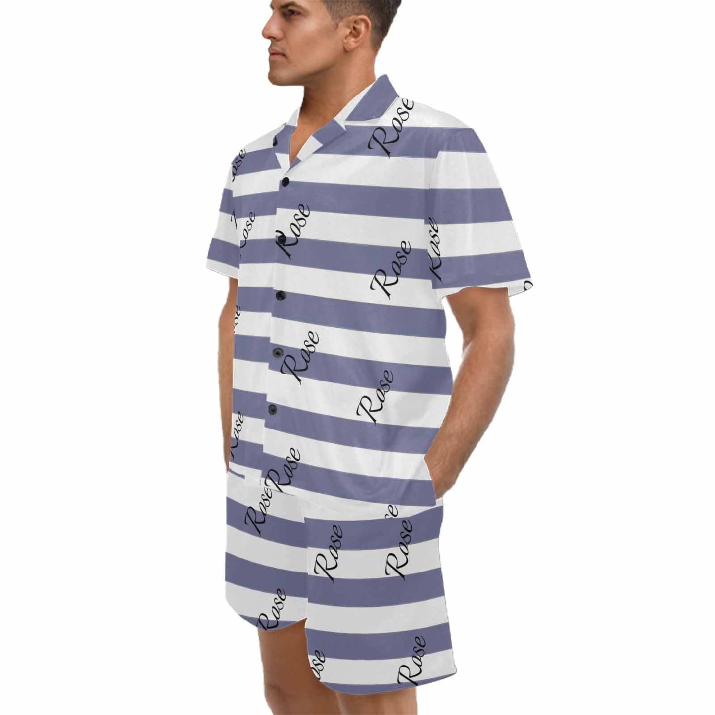 FacePajamas Pajama Personalized Name Pajamas for Men Summer Loungewear Custom Stripe Men's V-Neck Short Sleeve Pajama Set