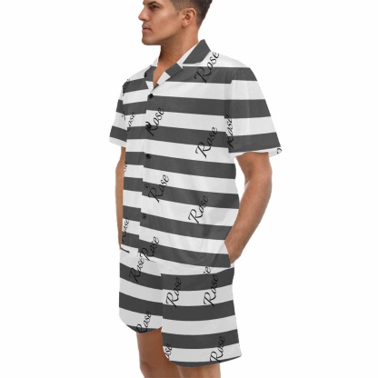 FacePajamas Pajama Personalized Name Pajamas for Men Summer Loungewear Custom Stripe Men's V-Neck Short Sleeve Pajama Set