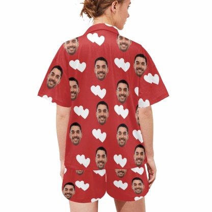 FacePajamas Pajama Personalized Pajamas with Photo Sleepwear Custom Face Double White Love Women's V-Neck Short Pajama Set