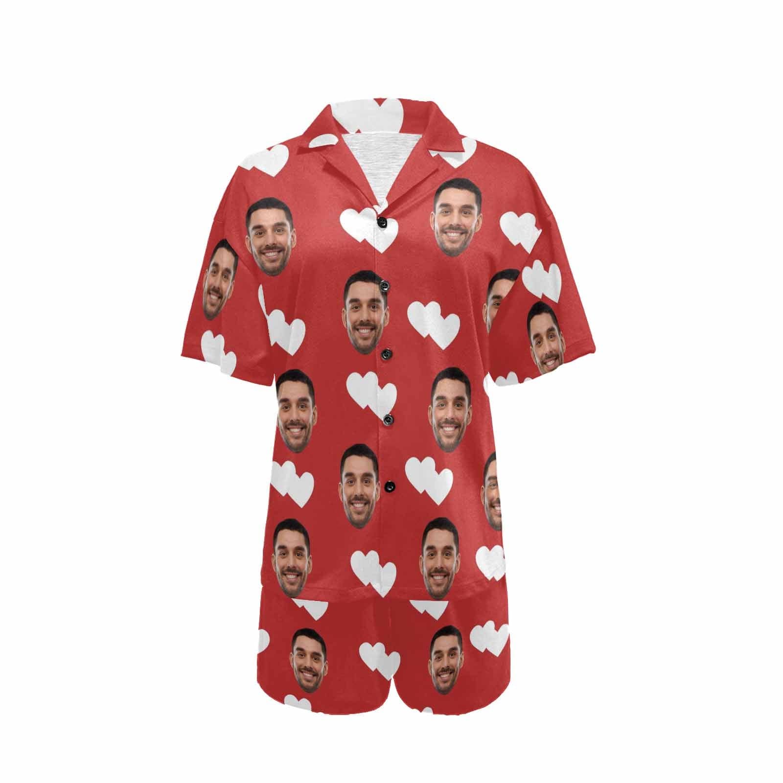 FacePajamas Pajama Personalized Pajamas with Photo Sleepwear Custom Face Double White Love Women's V-Neck Short Pajama Set