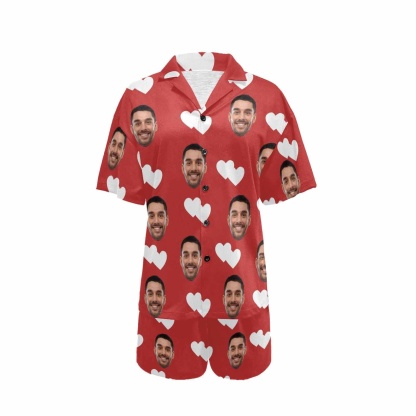 FacePajamas Pajama Personalized Pajamas with Photo Sleepwear Custom Face Double White Love Women's V-Neck Short Pajama Set