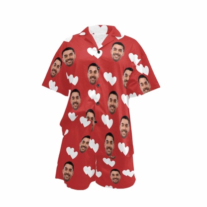 FacePajamas Pajama Personalized Pajamas with Photo Sleepwear Custom Face Double White Love Women's V-Neck Short Pajama Set