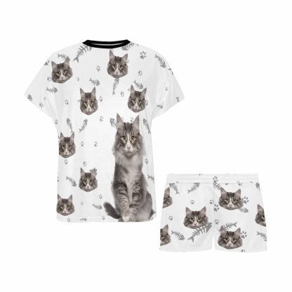 FacePajamas Pajama Personalized Pet Face Couple Pajamas Custom Cute Cat Couple Matching Crew Neck Short Pajama Set