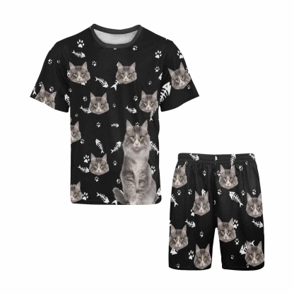 FacePajamas Pajama Personalized Pet Face Couple Pajamas Custom Cute Cat Couple Matching Crew Neck Short Pajama Set
