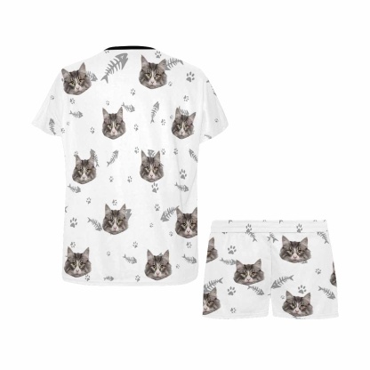 FacePajamas Pajama Personalized Pet Face Couple Pajamas Custom Cute Cat Couple Matching Crew Neck Short Pajama Set