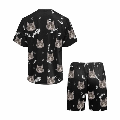 FacePajamas Pajama Personalized Pet Face Couple Pajamas Custom Cute Cat Couple Matching Crew Neck Short Pajama Set