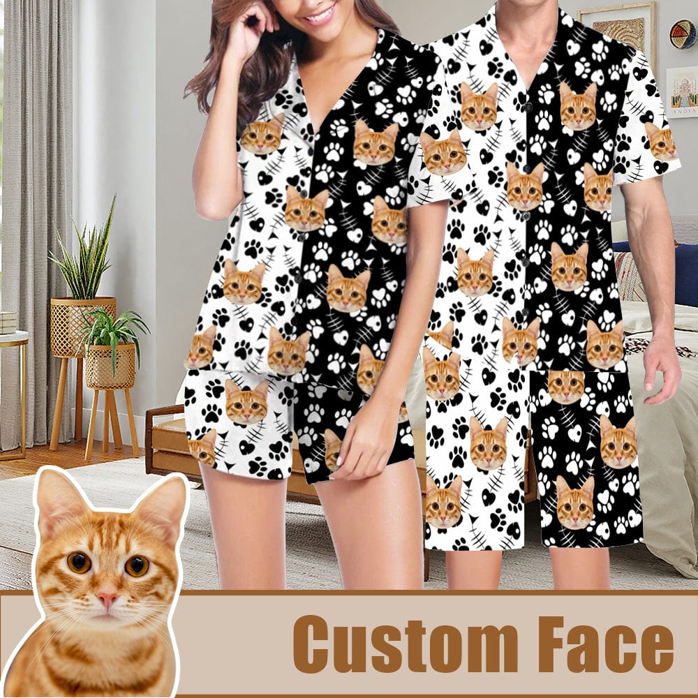 FacePajamas Pajama Personalized Pet Face Pajama Set Women Men Summer Pajamas Custom Cute Cat Couple Matching V-Neck Short Pajama Set