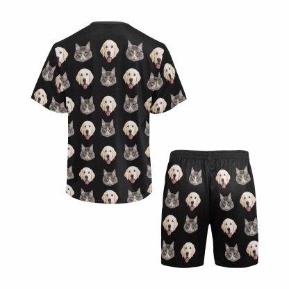 FacePajamas Pajama Custom Pet Face Couple Pajamas Personalized Dog&Cat Couple Matching Crew Neck Short Pajama Set