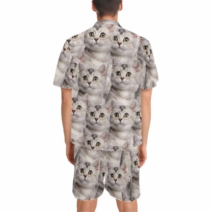 FacePajamas Pajama Personalized Pet Pajamas Summer Loungewear Custom Photo Cat Seamless Men's V-Neck Short Sleeve Pajama Set