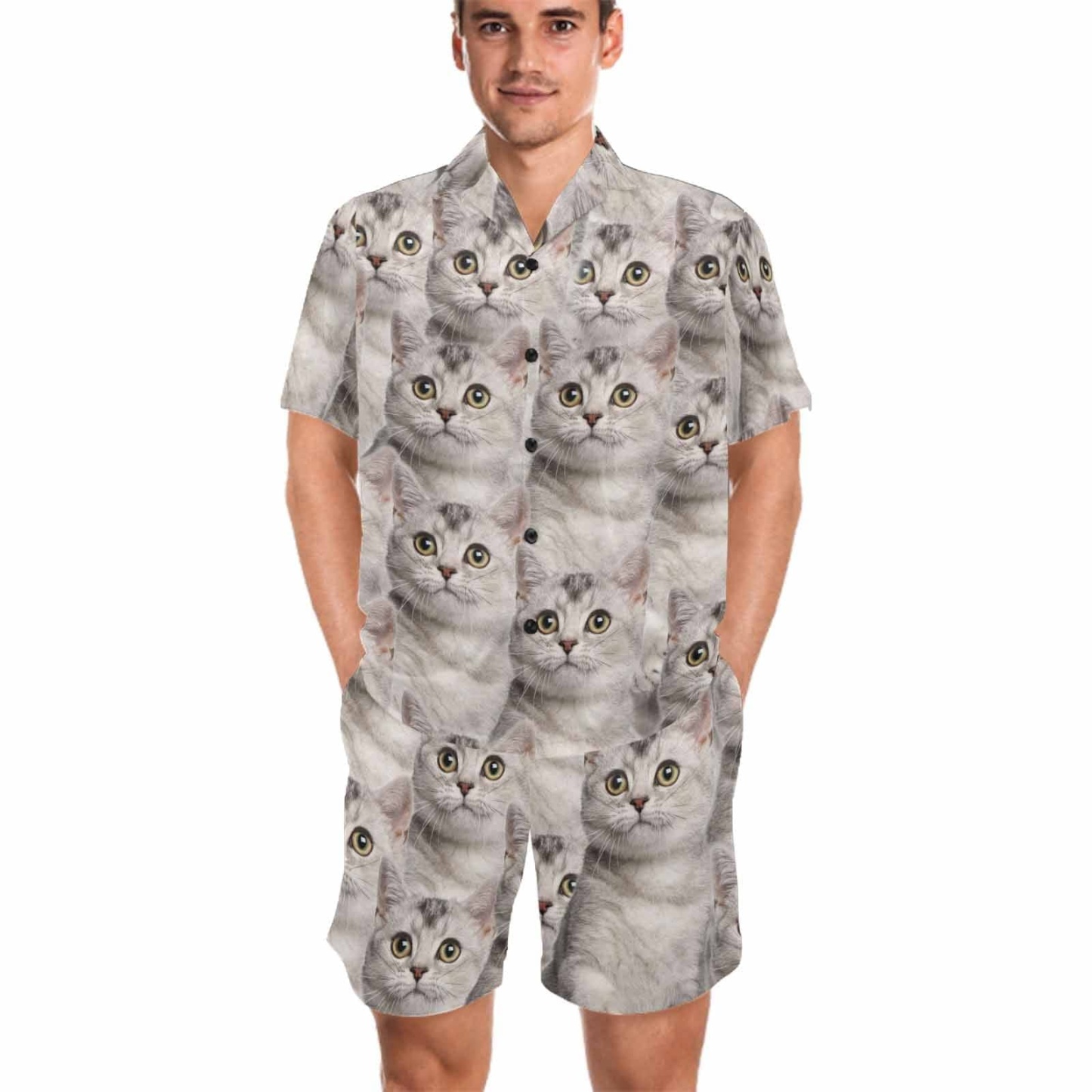 FacePajamas Pajama Personalized Pet Pajamas Summer Loungewear Custom Photo Cat Seamless Men's V-Neck Short Sleeve Pajama Set