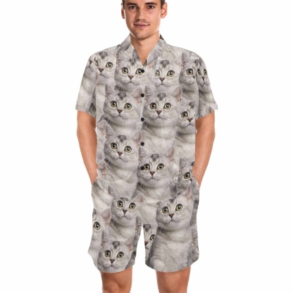 FacePajamas Pajama Personalized Pet Pajamas Summer Loungewear Custom Photo Cat Seamless Men's V-Neck Short Sleeve Pajama Set