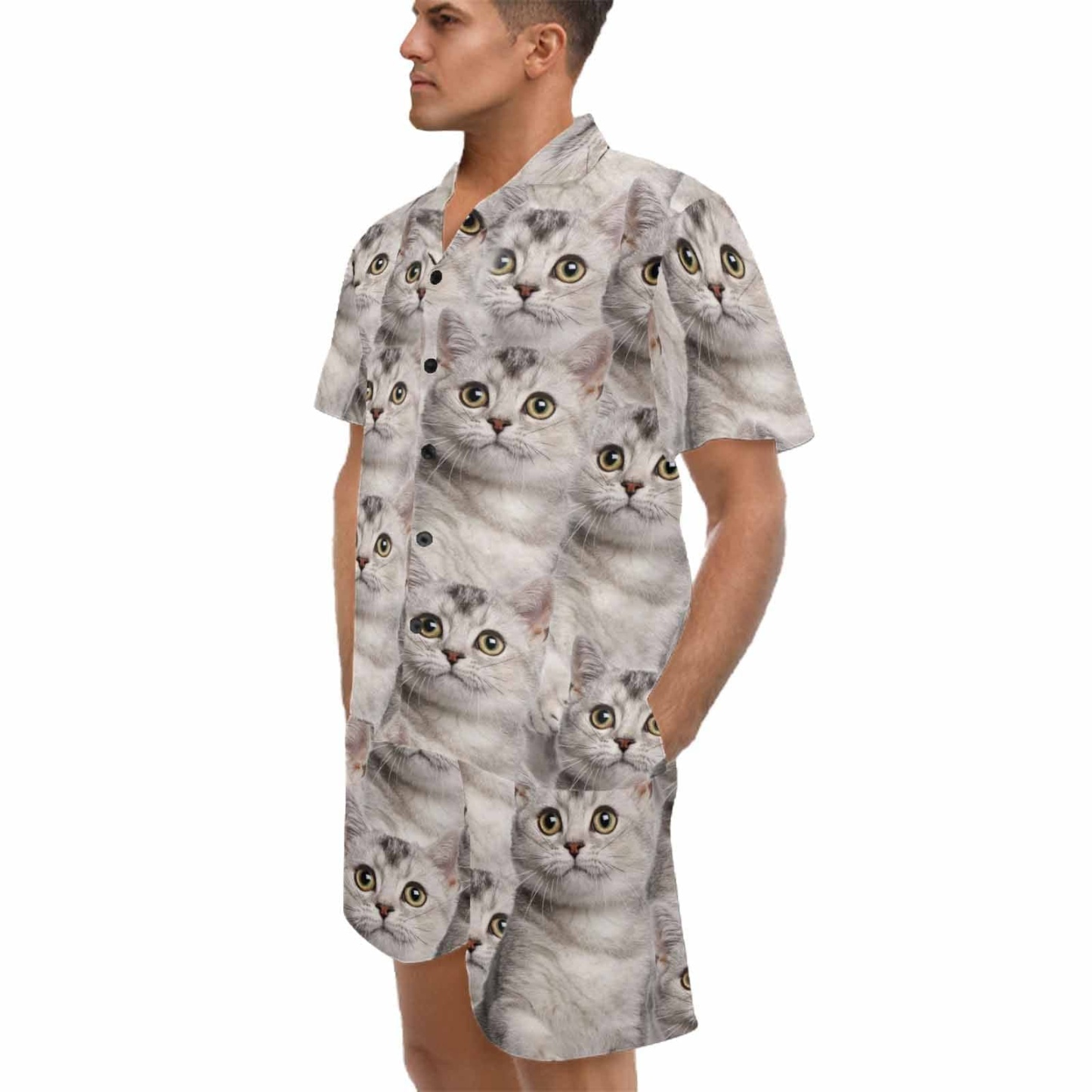 FacePajamas Pajama Personalized Pet Pajamas Summer Loungewear Custom Photo Cat Seamless Men's V-Neck Short Sleeve Pajama Set