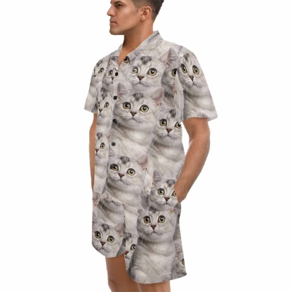 FacePajamas Pajama Personalized Pet Pajamas Summer Loungewear Custom Photo Cat Seamless Men's V-Neck Short Sleeve Pajama Set