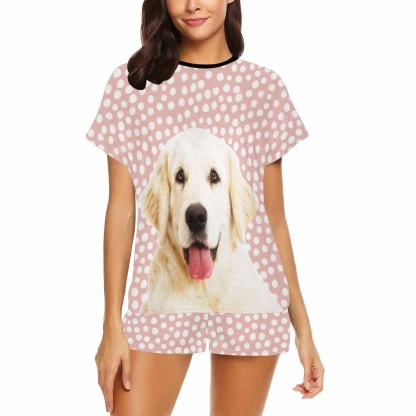 FacePajamas Pajama Personalized Pet Photo Pajamas Dots Pink Sleepwear Custom Women's Short Pajama Set with Pets Face