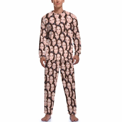 FacePajamas Pajama Personalized Photo Pajamas for Men Custom Face Lover's Head Crewneck Long Pajama Set Gifts for Couples