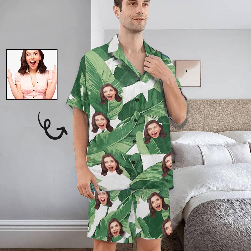 FacePajamas Pajama Personalized Photo Pajamas For Men Summer Loungewear Custom Leaves Men's V-Neck Short Sleeve Pajama Set