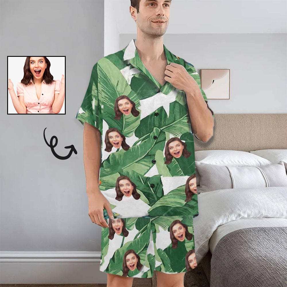 FacePajamas Pajama Personalized Photo Pajamas For Men Summer Loungewear Custom Leaves Men's V-Neck Short Sleeve Pajama Set