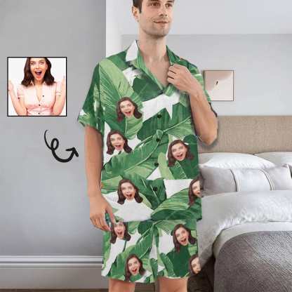 FacePajamas Pajama Personalized Photo Pajamas For Men Summer Loungewear Custom Leaves Men's V-Neck Short Sleeve Pajama Set