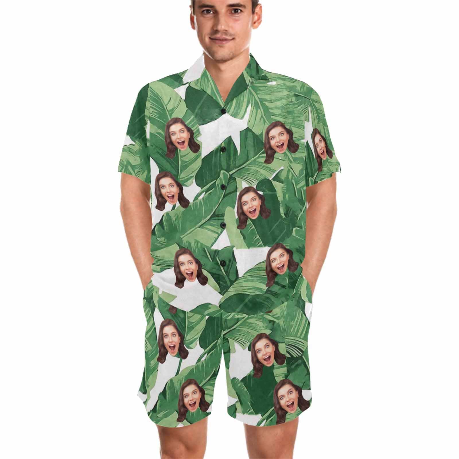 FacePajamas Pajama Personalized Photo Pajamas For Men Summer Loungewear Custom Leaves Men's V-Neck Short Sleeve Pajama Set