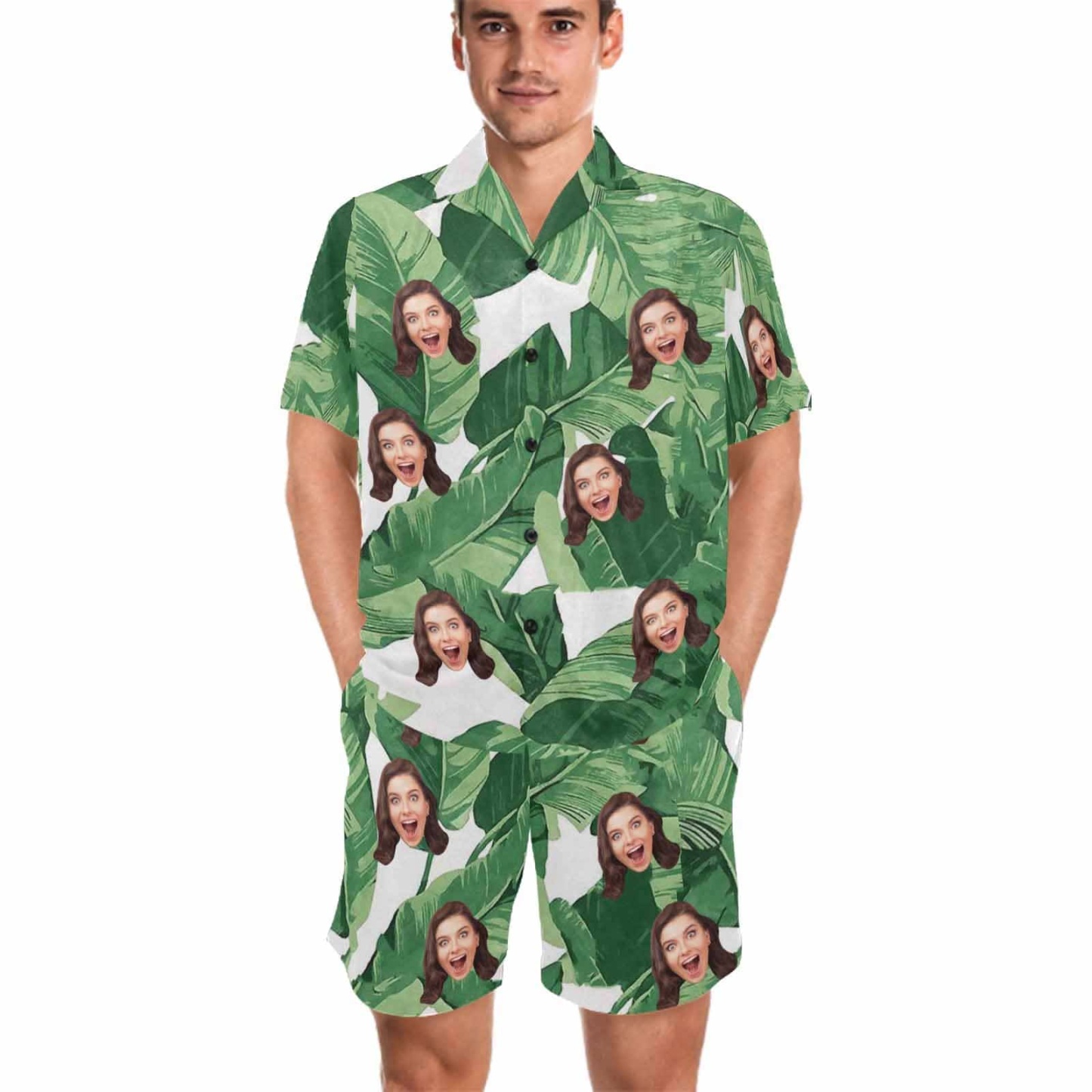 FacePajamas Pajama Personalized Photo Pajamas For Men Summer Loungewear Custom Leaves Men's V-Neck Short Sleeve Pajama Set