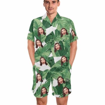 FacePajamas Pajama Personalized Photo Pajamas For Men Summer Loungewear Custom Leaves Men's V-Neck Short Sleeve Pajama Set