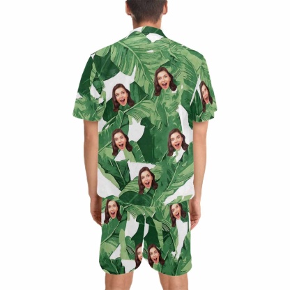 FacePajamas Pajama Personalized Photo Pajamas For Men Summer Loungewear Custom Leaves Men's V-Neck Short Sleeve Pajama Set