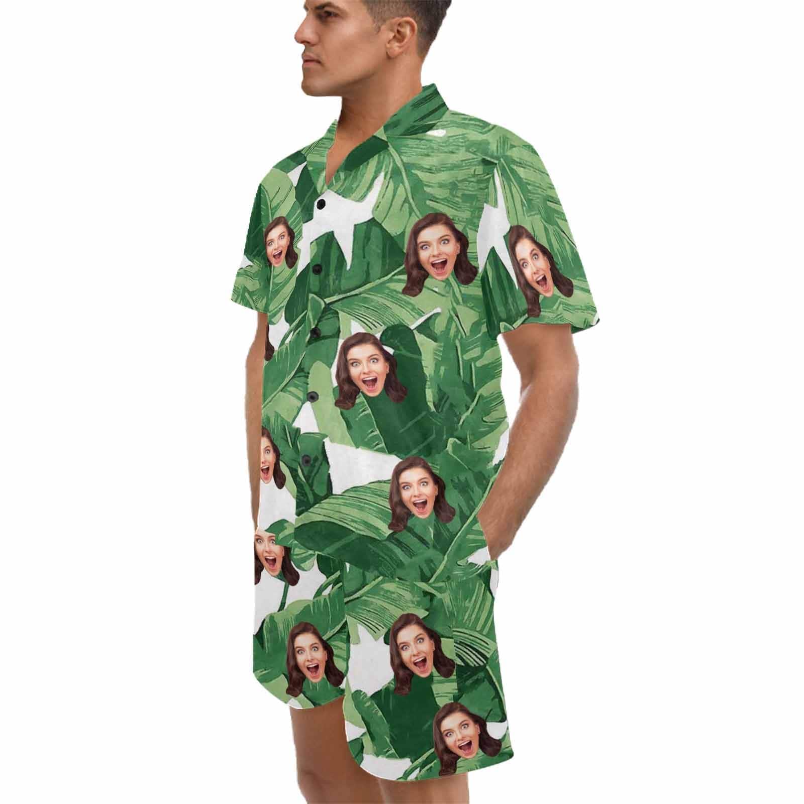 FacePajamas Pajama Personalized Photo Pajamas For Men Summer Loungewear Custom Leaves Men's V-Neck Short Sleeve Pajama Set