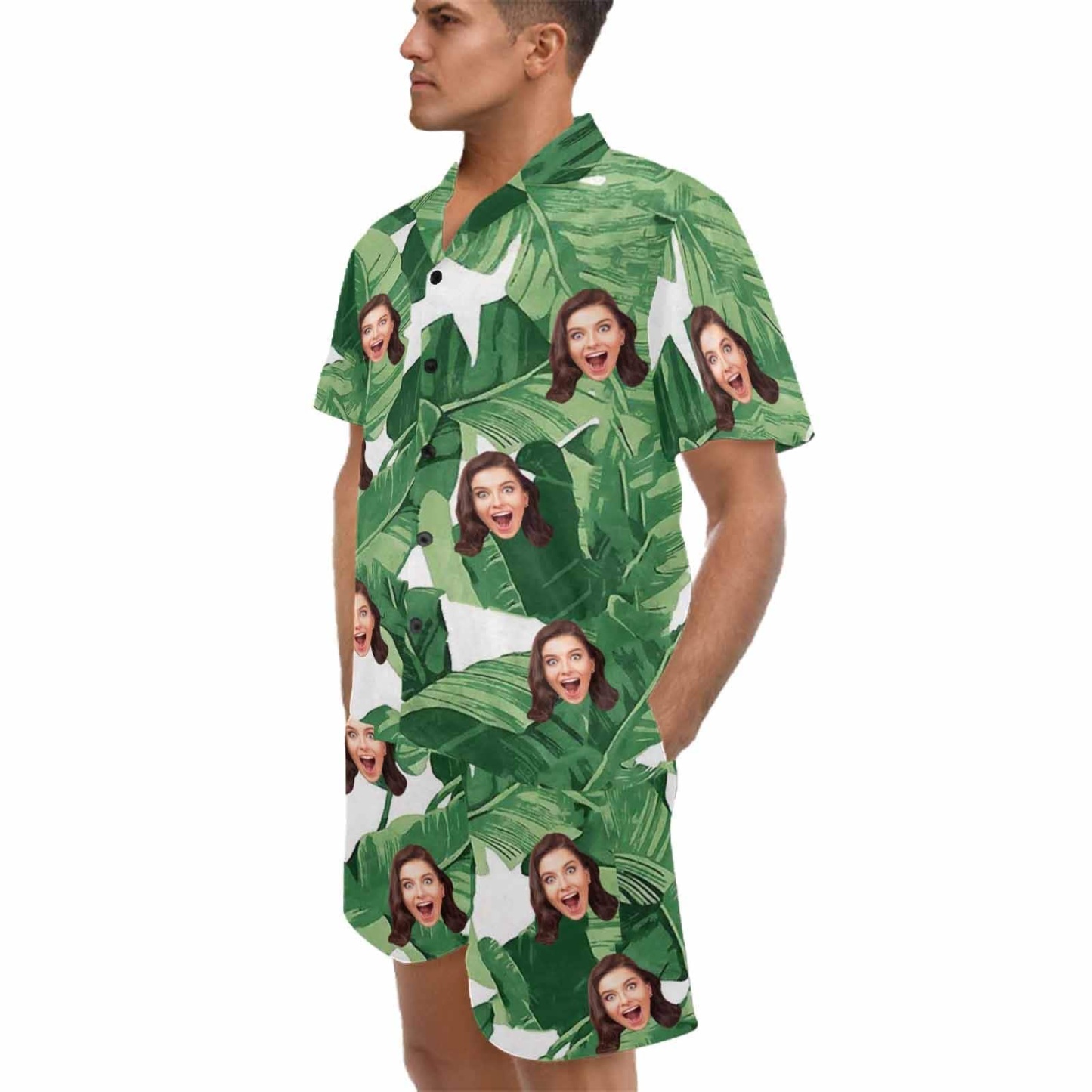FacePajamas Pajama Personalized Photo Pajamas For Men Summer Loungewear Custom Leaves Men's V-Neck Short Sleeve Pajama Set
