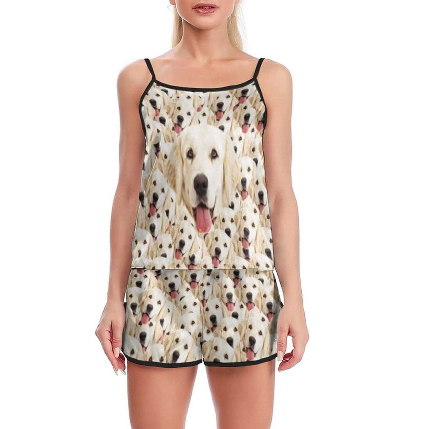 FacePajamas Mix Pajama-2ML 4 Pcs Face Print Pajamas-Custom Face Pajamas My Lovely Dog Sleepwear Personalized Women's Long Sleeve Pajama Set & Sexy Cami Pajama Set