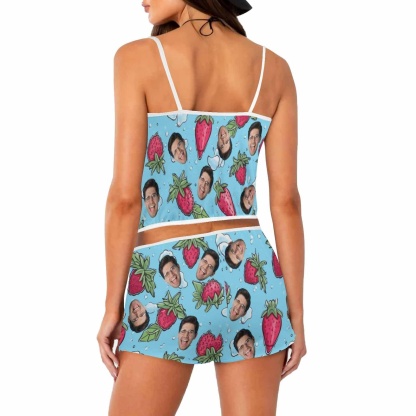 FacePajamas Pajama Lingerie Set Photo Custom Husband Face Strawberry Print Blue Background Sleepwear Appliques Notched Neckline Lingerie Set Pajamas Bachelorette party