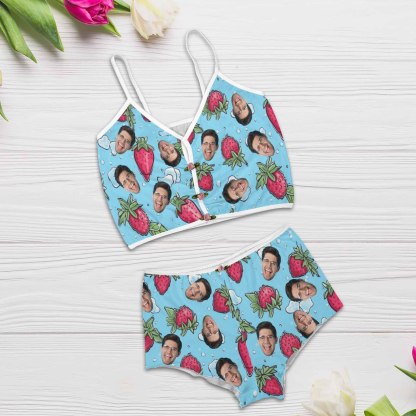 FacePajamas Pajama Lingerie Set Photo Custom Husband Face Strawberry Print Blue Background Sleepwear Appliques Notched Neckline Lingerie Set Pajamas Bachelorette party