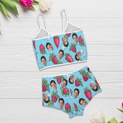 FacePajamas Pajama Lingerie Set Photo Custom Husband Face Strawberry Print Blue Background Sleepwear Appliques Notched Neckline Lingerie Set Pajamas Bachelorette party