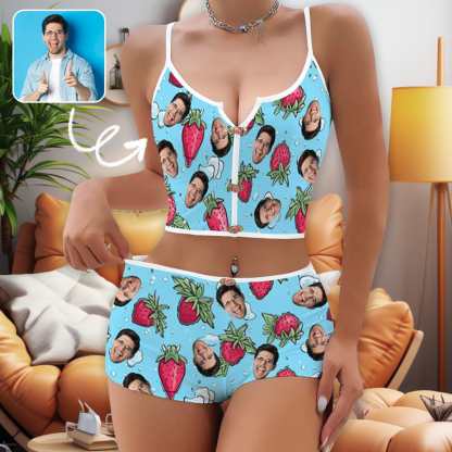 FacePajamas Pajama Lingerie Set Photo Custom Husband Face Strawberry Print Blue Background Sleepwear Appliques Notched Neckline Lingerie Set Pajamas Bachelorette party