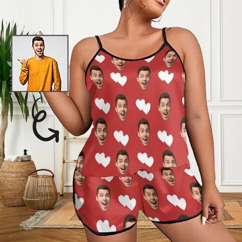 FacePajamas Pajama #Plus Size Pajama Set-Custom Face Pajamas Love Red Sleepwear Personalized Women's Sexy Cami Pajama Set Honeymoon Gift for Her