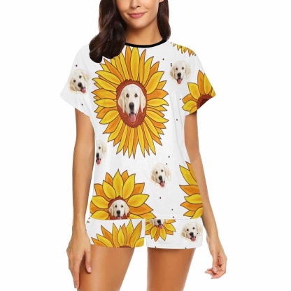 FacePajamas Pajama #Plus Size Pajamas-Custom Womens Short Pajamas Yellow Sunflower Loungewear Face Personalized Women's Short Pajama Set