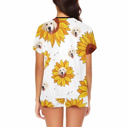 FacePajamas Pajama #Plus Size Pajamas-Custom Womens Short Pajamas Yellow Sunflower Loungewear Face Personalized Women's Short Pajama Set