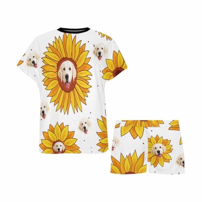 FacePajamas Pajama #Plus Size Pajamas-Custom Womens Short Pajamas Yellow Sunflower Loungewear Face Personalized Women's Short Pajama Set