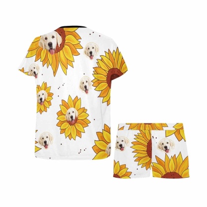FacePajamas Pajama #Plus Size Pajamas-Custom Womens Short Pajamas Yellow Sunflower Loungewear Face Personalized Women's Short Pajama Set