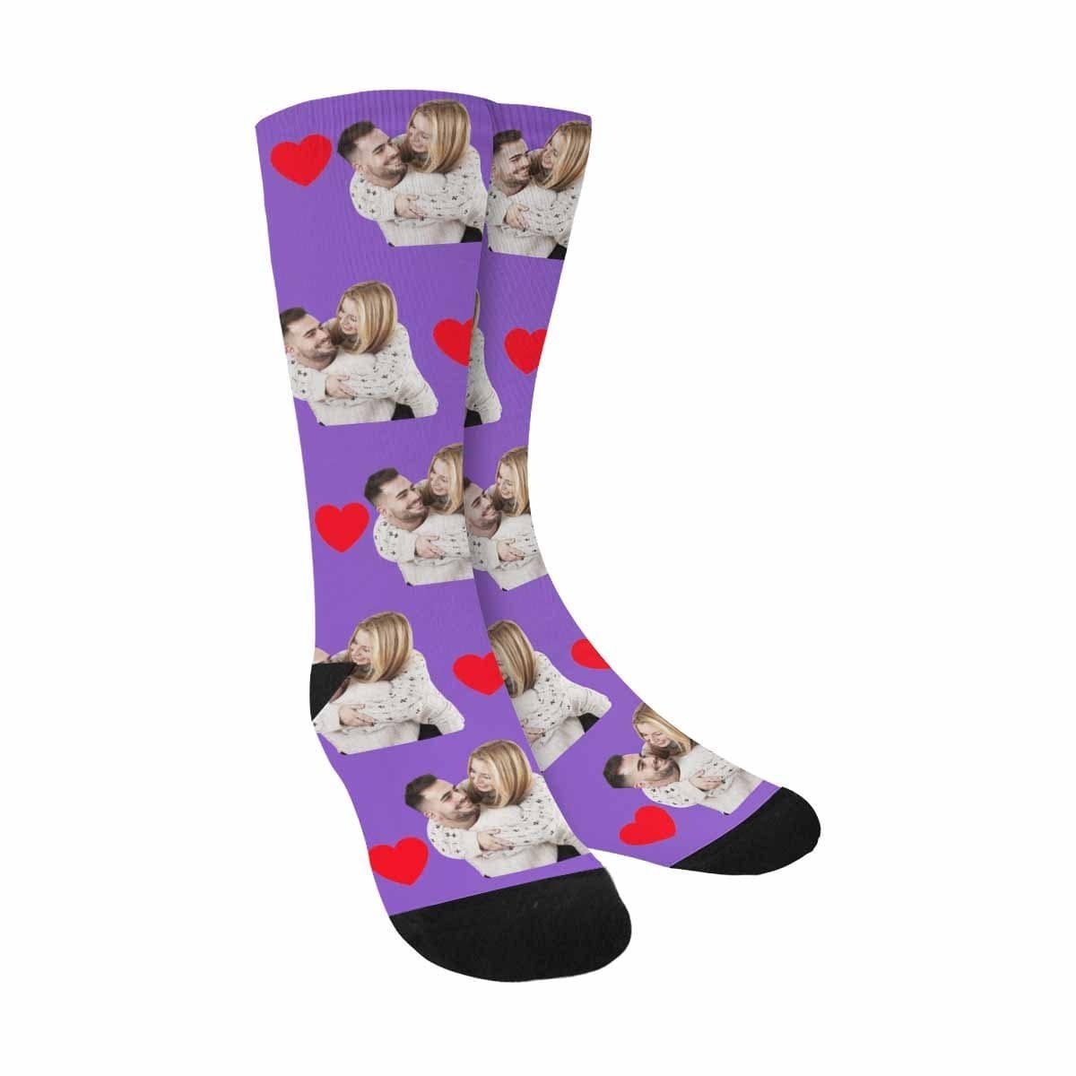 FacePajamas Sublimated Crew Socks Purple Custom Face Couple Socks Love Heart Sublimated Crew Socks Personalized Picture Socks Unisex Gift for Men Women