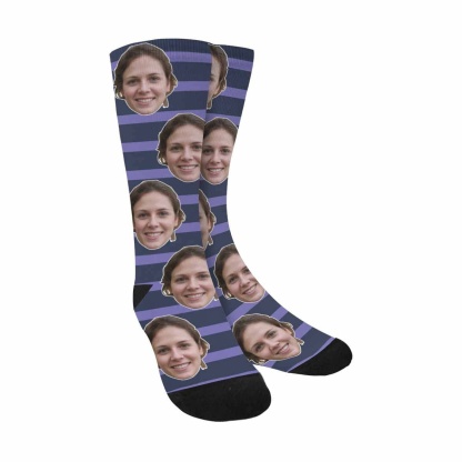 FacePajamas Sublimated Crew Socks Purple Custom Face Stripes Socks Personalized Photo Sublimated Crew Socks Unisex Gift for Men Women