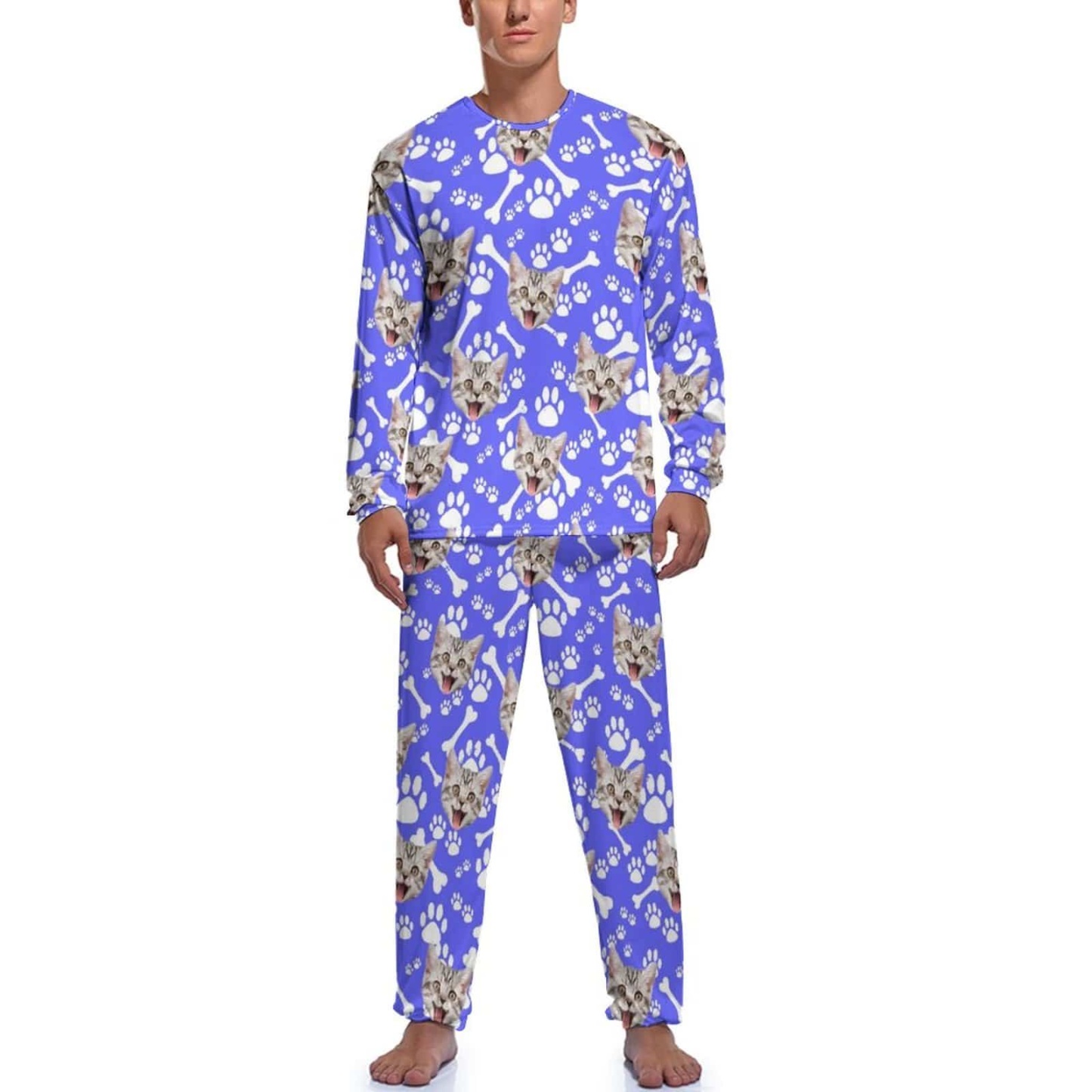FacePajamas Pajama Purple / S Personalized Photo Crewneck Long Pet Pajama Set Custom Face Cat's Footprints Men's Pajamas