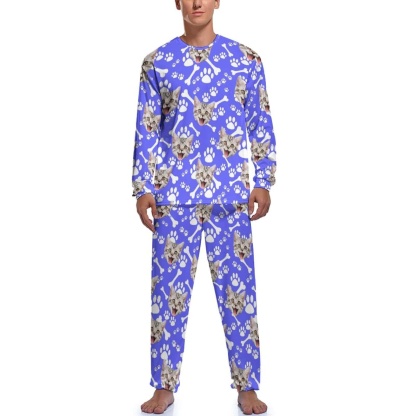 FacePajamas Pajama Purple / S Personalized Photo Crewneck Long Pet Pajama Set Custom Face Cat's Footprints Men's Pajamas