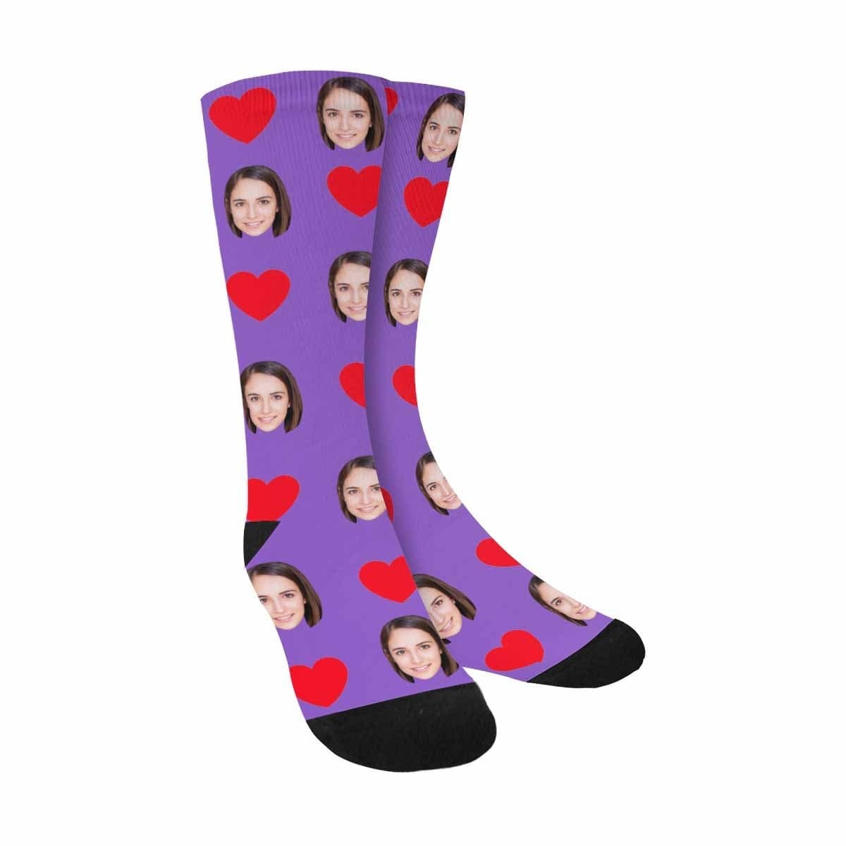 FacePajamas Sublimated Crew Socks Purple Socks with Custom Face Heart Women Sublimated Crew Socks Personalized Socks with Picture for Mom