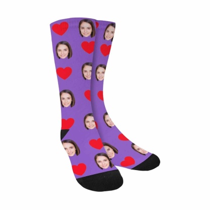 FacePajamas Sublimated Crew Socks Purple Socks with Custom Face Heart Women Sublimated Crew Socks Personalized Socks with Picture for Mom