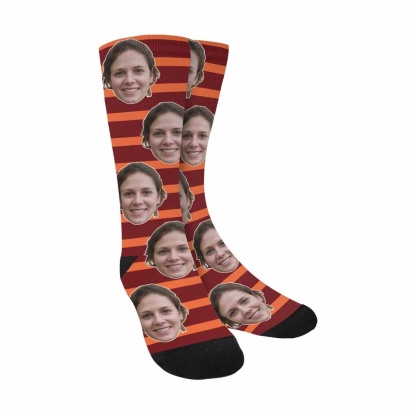 FacePajamas Sublimated Crew Socks Red Custom Face Stripes Socks Personalized Photo Sublimated Crew Socks Unisex Gift for Men Women