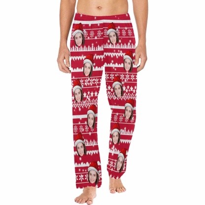 FacePajamas Pajama Shirt&Pants Red / For Men/S Custom Face Christmas Red Hat Snowflake Sleepwear Personalized Women's&Men's Slumber Party Long Pajama Pants