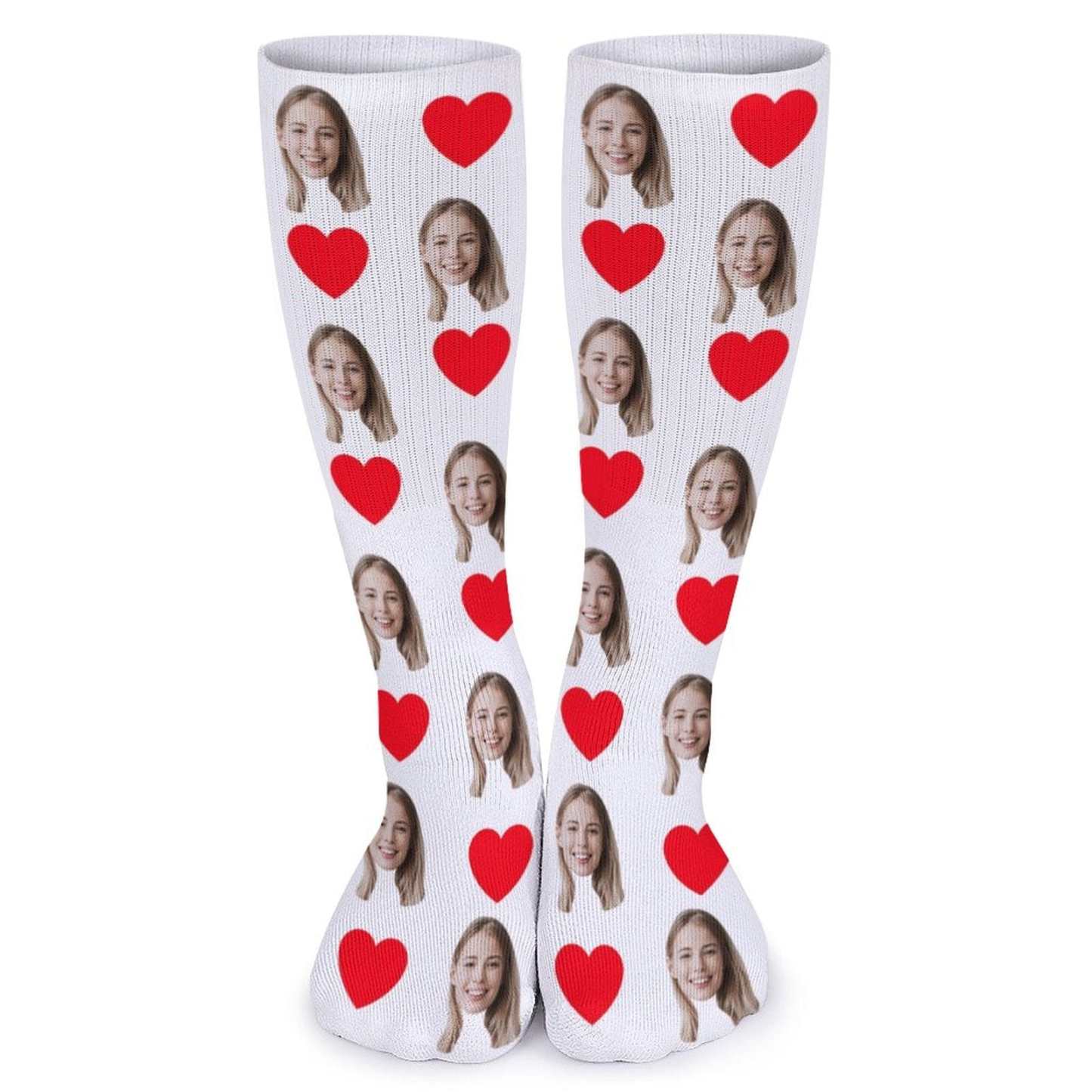 FacePajamas Sublimated Crew Socks-2WH-SDS Red Heart Socks with Face Custom Personalized White Background Sublimated Crew Socks